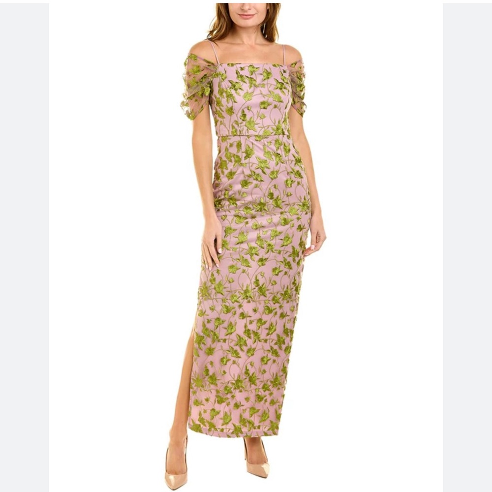 NWT JS Collections Lavender Green Vine Embroidered Maxi Gown 16